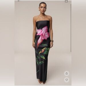 NWT Black Blossom Satin Maxi Dress